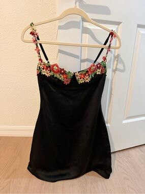 Kenzie mini Black Floral-Trim Satin Camisole Dress | Princess Polly
